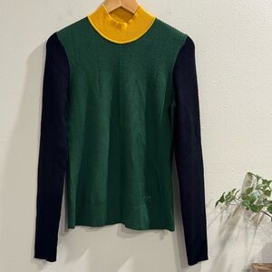 Tory Burch Large Colorblock Merino Wool Blend Mock Neck Long Sleeve Sweater